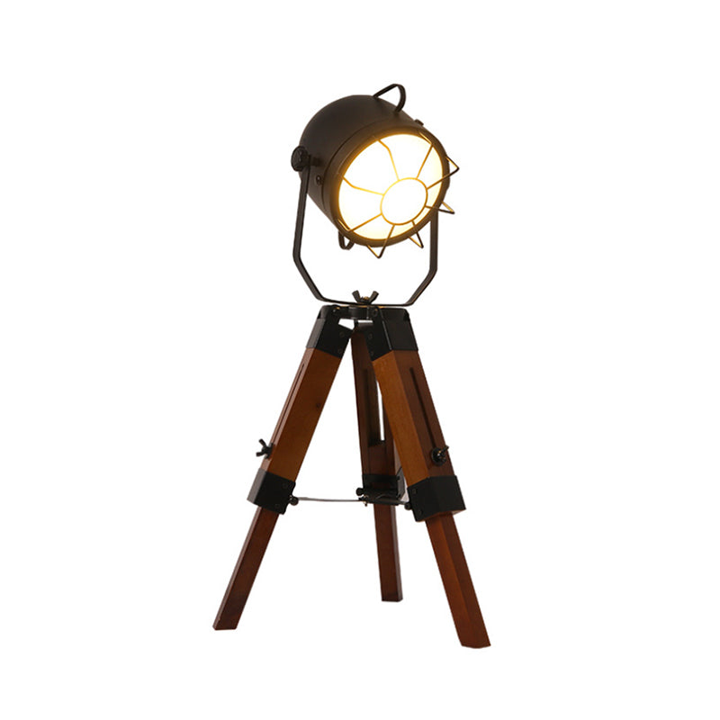 Lampada da scrivania industriale Loft con paralume a campana con treppiede 1 testa Lampada da tavolo piccola in metallo e legno in marrone
