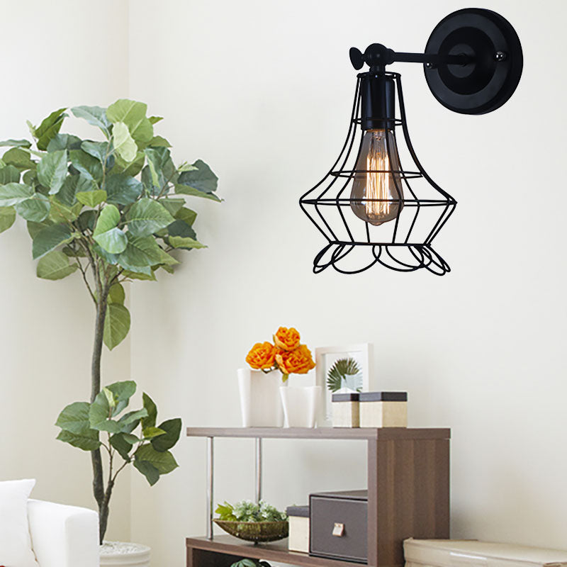 Black Barrel/Flared Cage Wall Sconce Industrial Style Metal 1 Head Living Room Rotatable Wall Mount Light