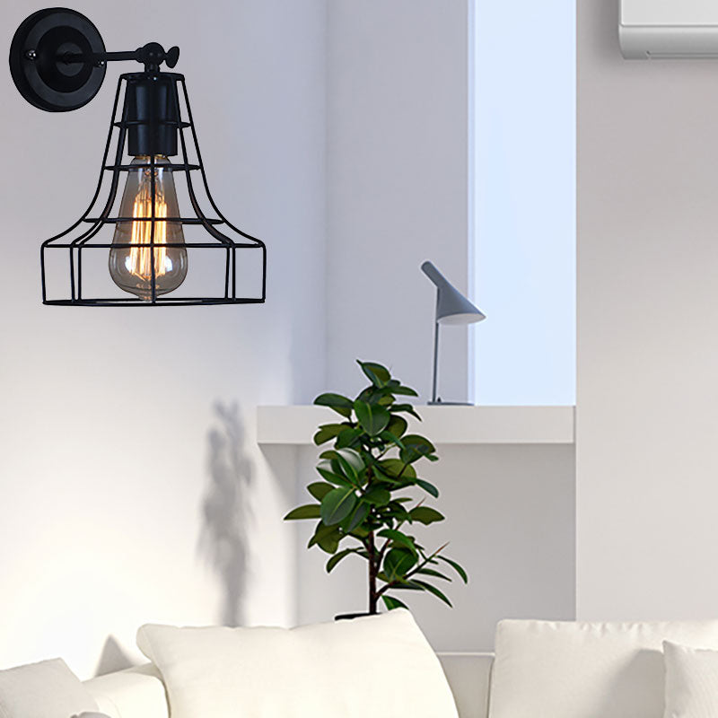 Black Barrel/Flared Cage Wall Sconce Industrial Style Metal 1 Head Living Room Rotatable Wall Mount Light