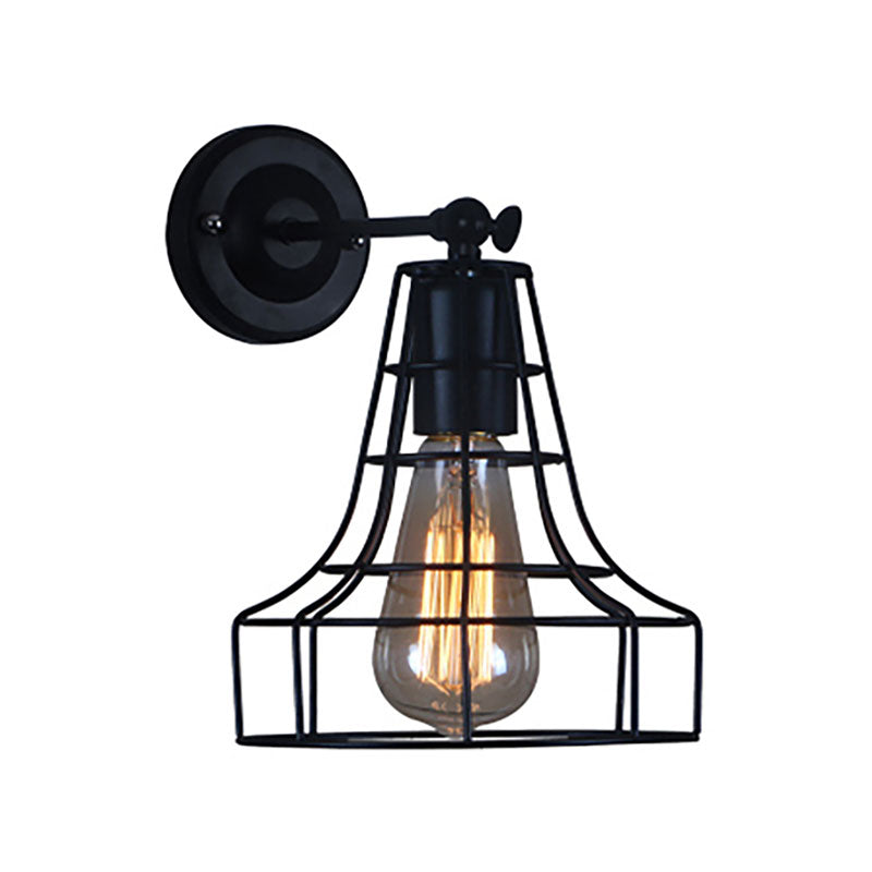 Black Barrel/Flared Cage Wall Sconce Industrial Style Metal 1 Head Living Room Rotatable Wall Mount Light