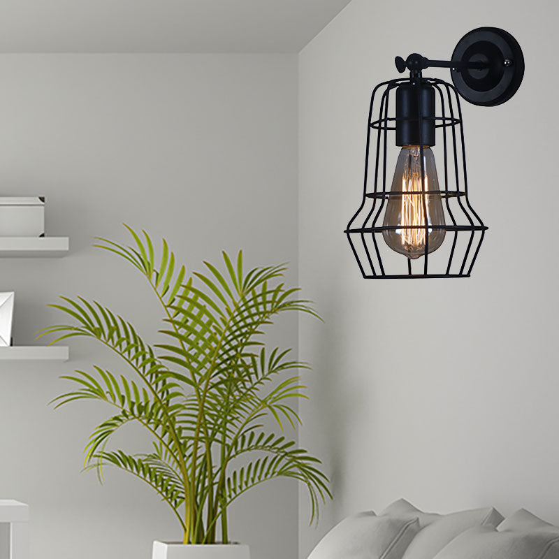 Black Barrel/Flared Cage Wall Sconce Industrial Style Metal 1 Head Living Room Rotatable Wall Mount Light