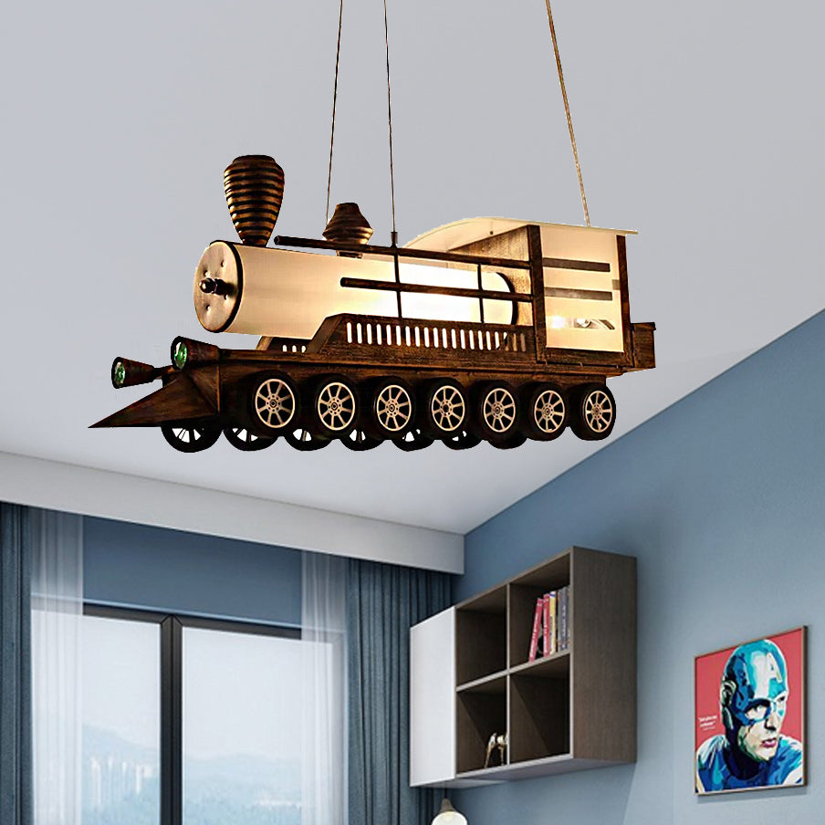 Kids Chandelier Boy, Adjustable 3-Light Ceiling Light Fixture with Milk Glass Cylinder Shade and Train Design, 23.5" L x 7" W x 10" H