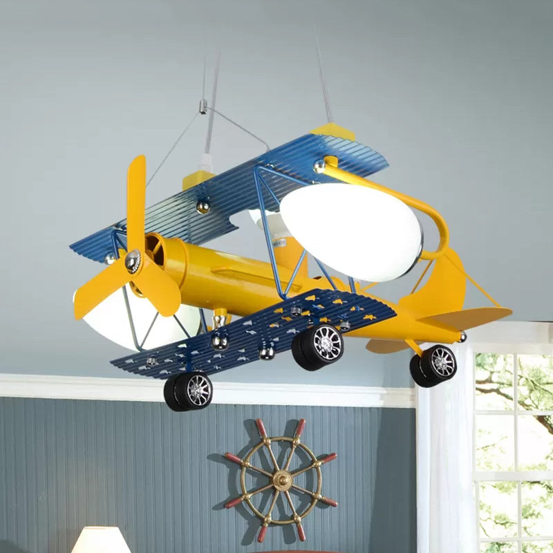 Chandeliers for Bedroom Boys, Hanging Pendant Light in Blue with Milk Glass Shade & Biplane Design Modern