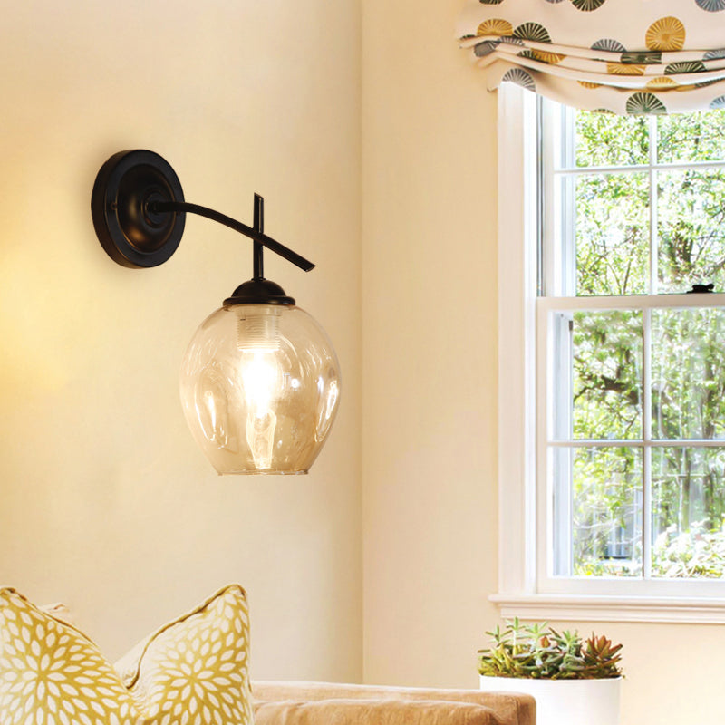 1/2 Light Wall Sconce Contemporary Black/Gold Wall Mount Lighting with Oval Amber/Gold/Clear Glass Shade