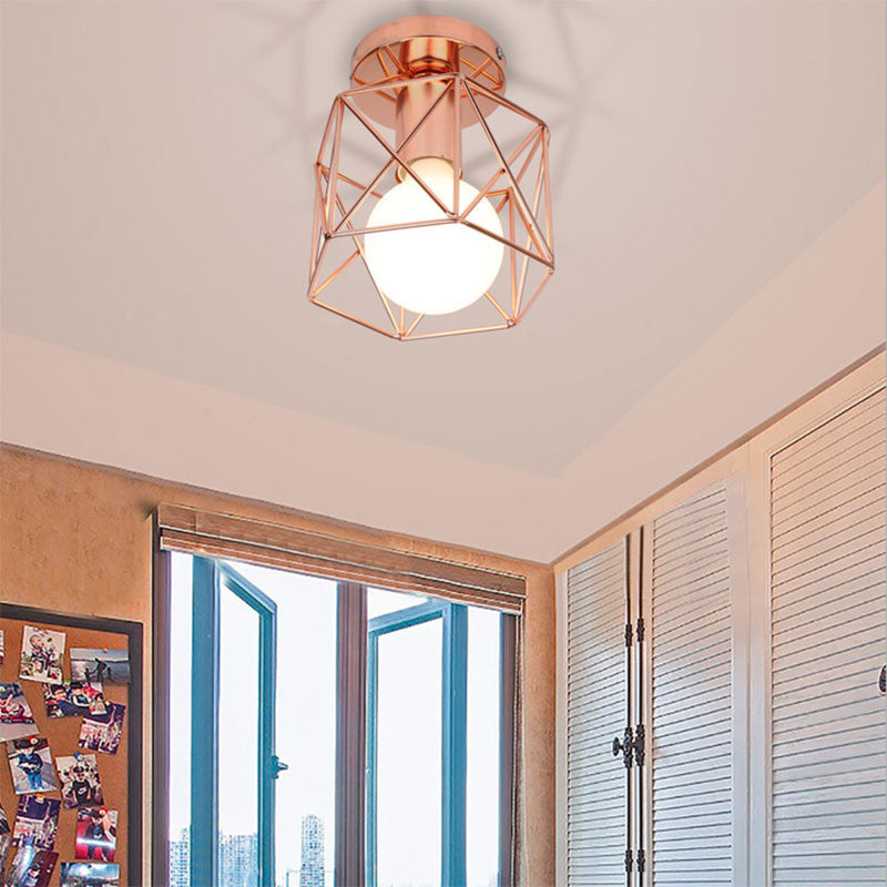 1-flammige Deckenleuchte mit geometrischem Käfigschirm aus Eisen, halbbündige Schlafzimmerleuchte im Loft-Stil in Kupfer