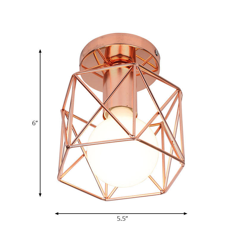 1 Bulb Ceiling Fixture with Geometric Cage Shade Iron Loft Style Bedroom Semi Flush Mount Light in Copper