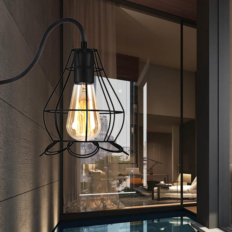 Lámpara de pared negra 1 cabezal de pared vintage de calabaza de metal/luz cuadrada de luz de pared con marco de alambre para cafetería