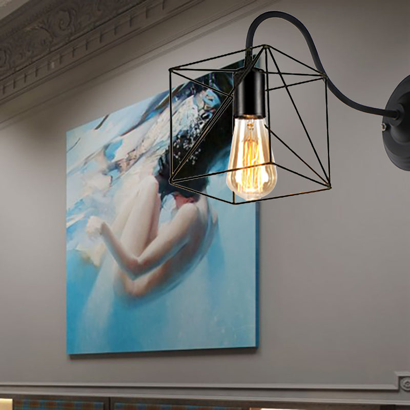 Lámpara de pared negra 1 cabezal de pared vintage de calabaza de metal/luz cuadrada de luz de pared con marco de alambre para cafetería