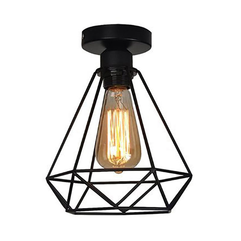 1 Head Iron Semi Flush Mount Light Industrial Style Black Cage Diamond Coffee Shop Ceiling Light