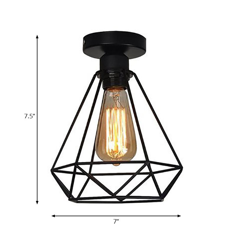 1 Head Iron Semi Flush Mount Light Industrial Style Black Cage Diamond Coffee Shop Ceiling Light