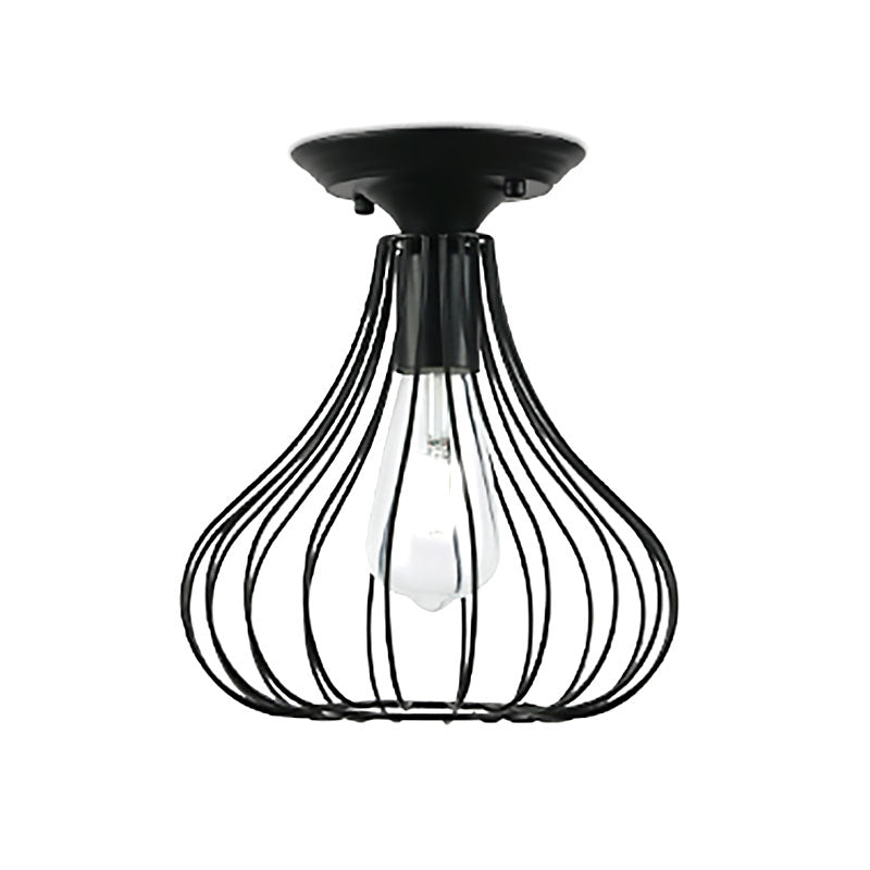 Retro Loft Globe / Pear Cage Ceiling Fixture 1 Light Metallic Semi-Flush Mount Light in Black for Hallway