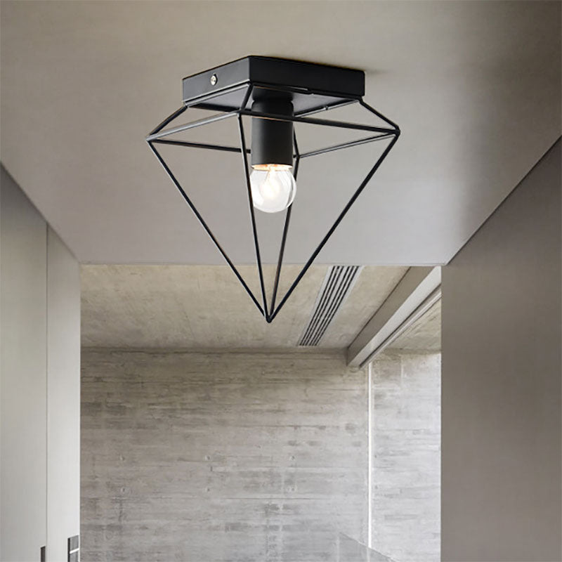 1 Light Cage Diamond Flush Mount Ceiling Light Loft Stylish Black/White Metallic Ceiling Lamp for Study Room