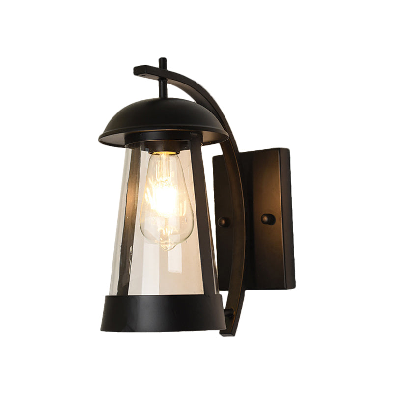 Clear Glass Kerosene Lamp Wall Light Farmhouse 1 Head Patio Wall Lighting with Curved Arm in Black