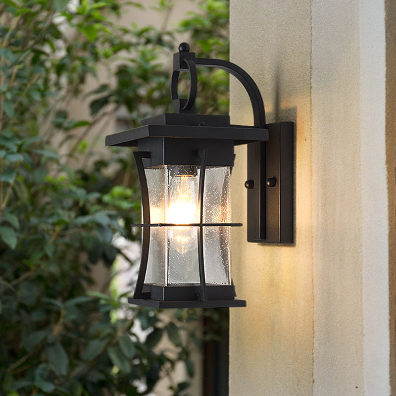 1 Kopfwand montierte Beleuchtung herkömmliches Veranda -Wandlicht mit rechteckig klarem Kristallschatten in Schwarz