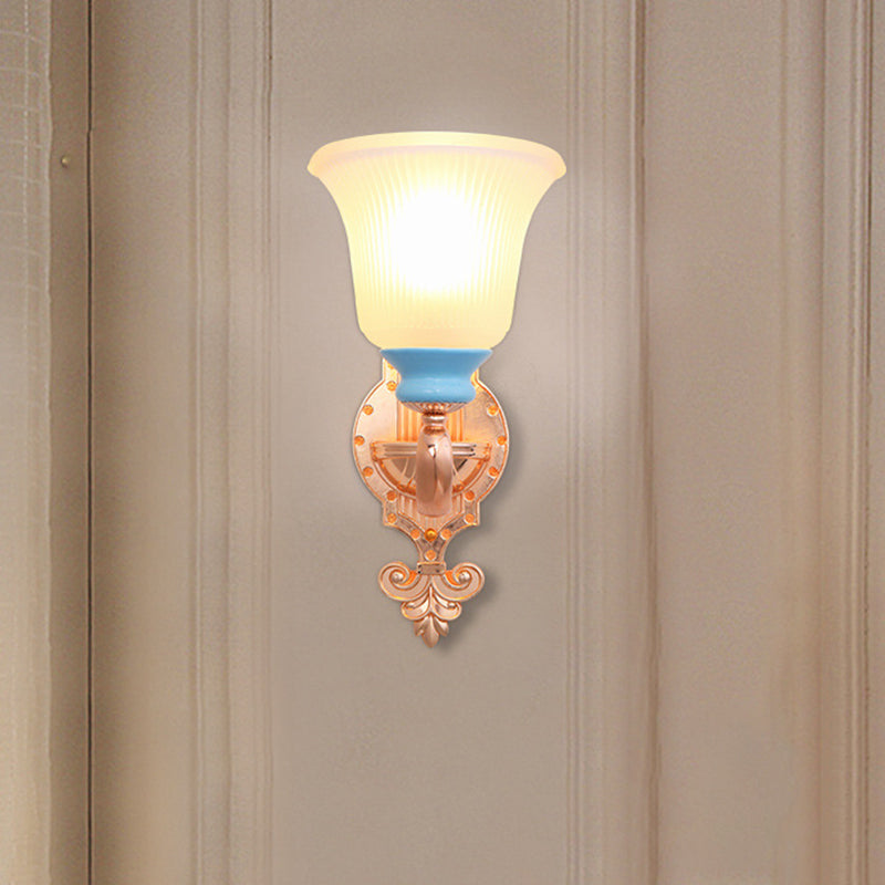 Vintage Swirled Arm Wall Light 1/2-Bulb Metal Wall Mounted Lighting in Gold with Bell Frosted Ribbed Glass Shade