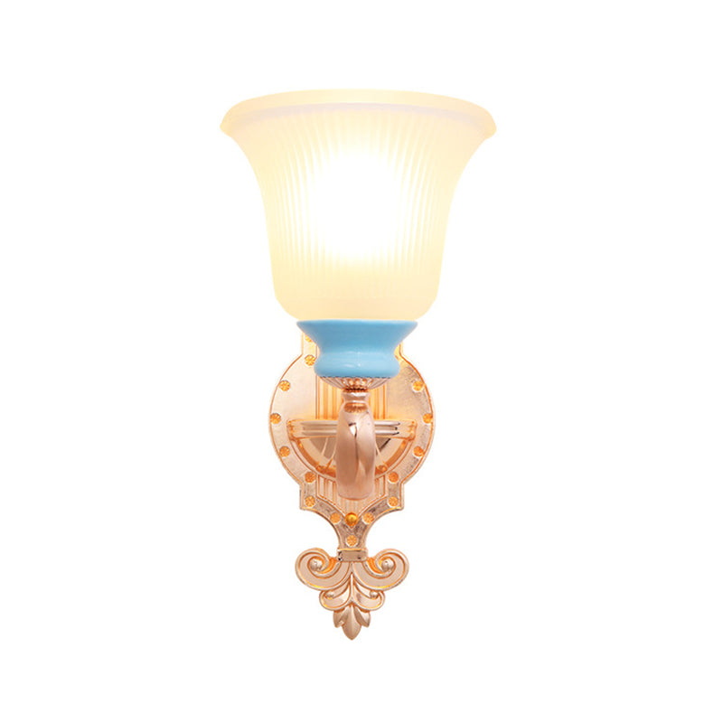 Vintage Swirled Arm Wall Light 1/2-Bulb Metal Wall Mounted Lighting in Gold with Bell Frosted Ribbed Glass Shade