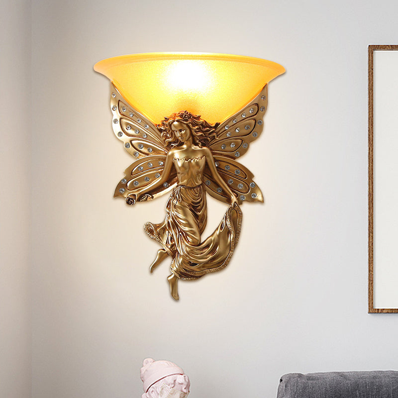 1 Light Wall Lighting Ideas Country Half-Bowl Opal Glass Wall Sconce in White/Gold with Right/Left Resin Angel