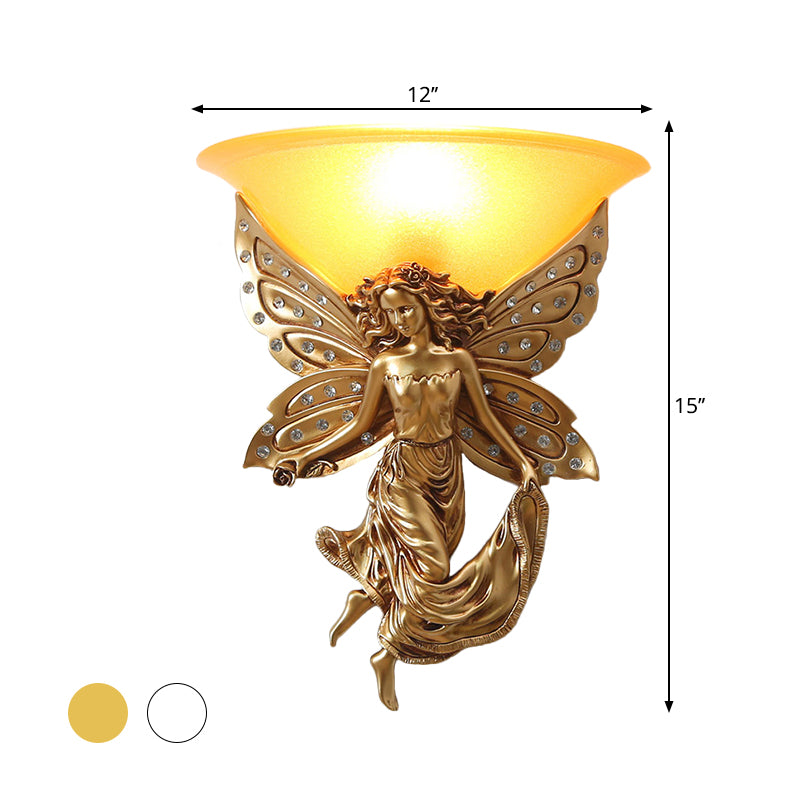 1 Light Wall Lighting Ideas Country Half-Bowl Opal Glass Wall Sconce in White/Gold with Right/Left Resin Angel