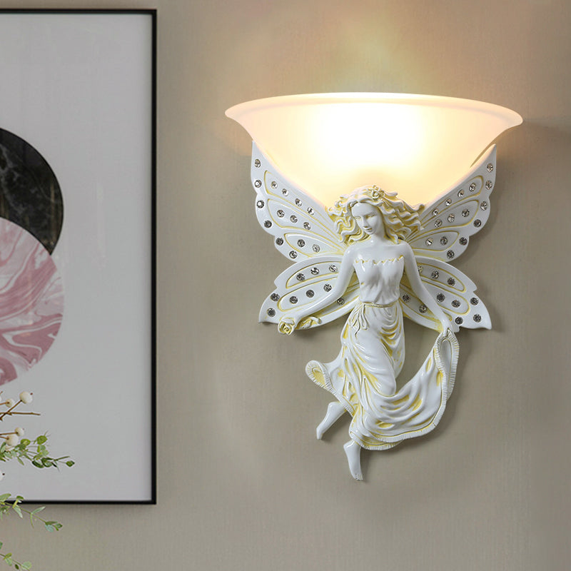 1 Light Wall Lighting Ideas Country Half-Bowl Opal Glass Wall Sconce in White/Gold with Right/Left Resin Angel