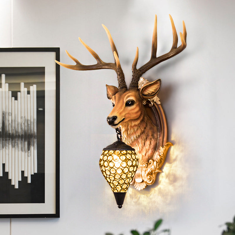 Resin Deer Shape Wall Mounted Light Cottage 1 Bulb Drawing Room Wall Sconce with Hand-Cut Crystal Shade in White/Beige/Orange