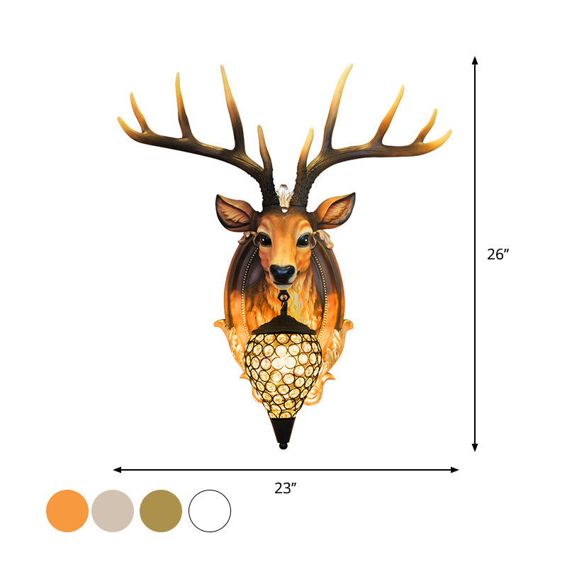 Resin Deer Shape Wall Mounted Light Cottage 1 Bulb Drawing Room Wall Sconce with Hand-Cut Crystal Shade in White/Beige/Orange