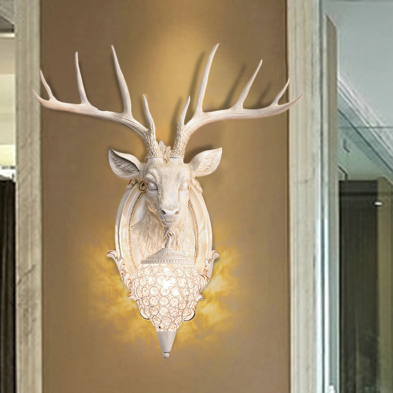 Resin Deer Shape Wall Mounted Light Cottage 1 Bulb Drawing Room Wall Sconce with Hand-Cut Crystal Shade in White/Beige/Orange