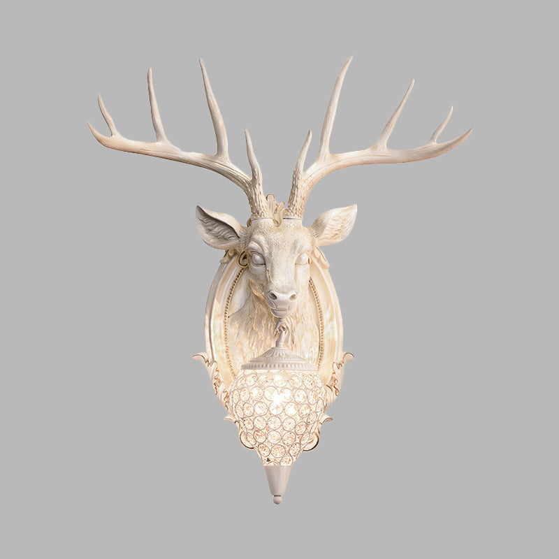 Resin Deer Shape Wall Mounted Light Cottage 1 Bulb Drawing Room Wall Sconce with Hand-Cut Crystal Shade in White/Beige/Orange