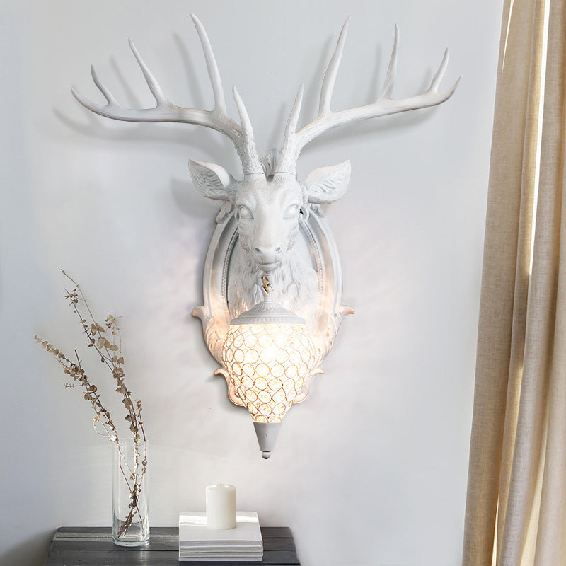 Resin Deer Shape Wall Mounted Light Cottage 1 Bulb Drawing Room Wall Sconce with Hand-Cut Crystal Shade in White/Beige/Orange