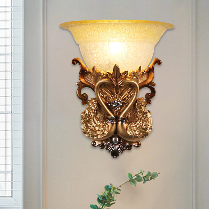 Retro Style 2 Swans Wall Mounted Lamp 1 Bulb Resin Wall Light Fixture with Bell Ribbed Glass Shade in Gold