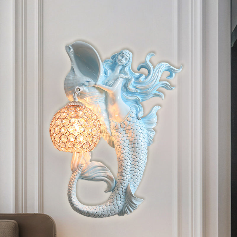 Farmhouse Sphere Leuchtenlicht 1-Bulb Clear Definierte Kristallwandmontage mit Meerjungfrau-Design in hellblau/golden, links/rechts