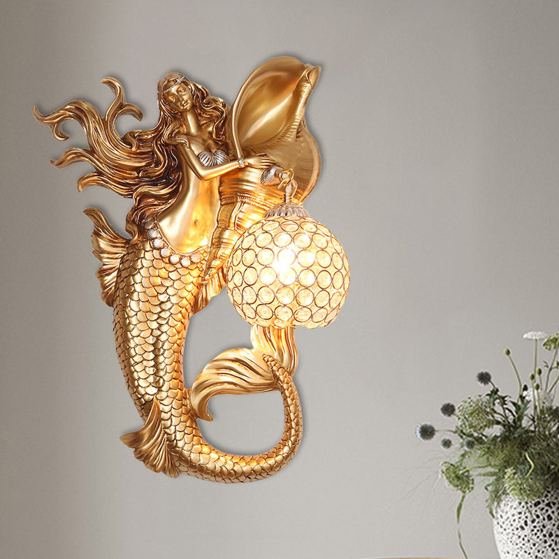 Farmhouse Sphere Leuchtenlicht 1-Bulb Clear Definierte Kristallwandmontage mit Meerjungfrau-Design in hellblau/golden, links/rechts