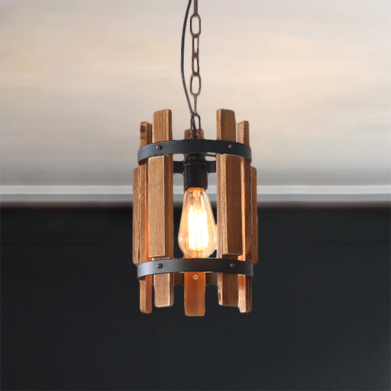 Round Metallic Pendant Lamp Rustic 1 Bulb Parlor Suspension Lamp with Cylindrical Wooden Frame in Wood/White