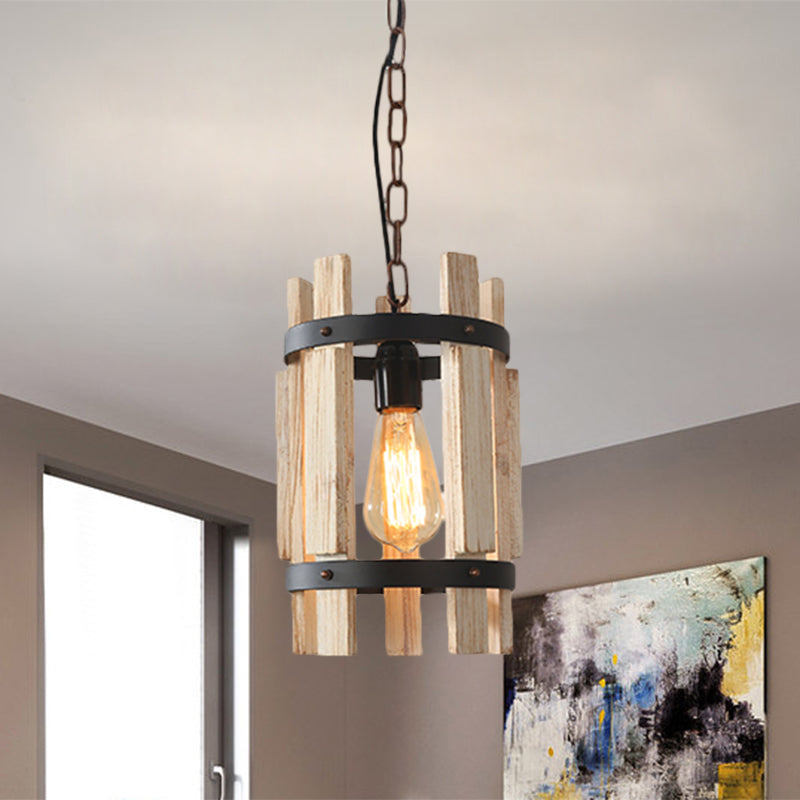 Round Metallic Pendant Lamp Rustic 1 Bulb Parlor Suspension Lamp with Cylindrical Wooden Frame in Wood/White