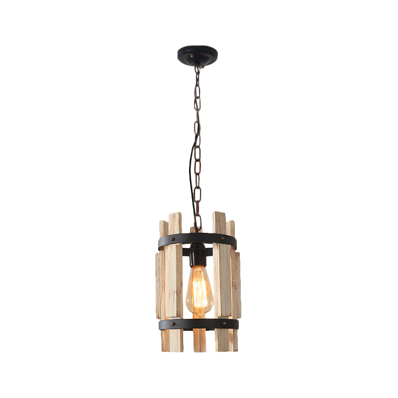 Round Metallic Pendant Lamp Rustic 1 Bulb Parlor Suspension Lamp with Cylindrical Wooden Frame in Wood/White