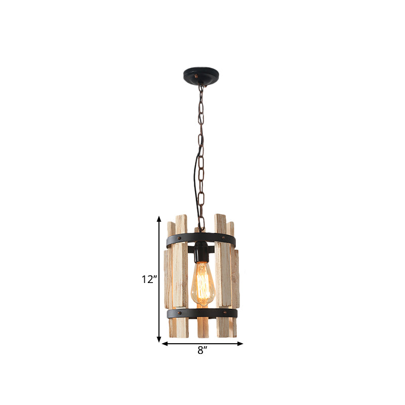 Round Metallic Pendant Lamp Rustic 1 Bulb Parlor Suspension Lamp with Cylindrical Wooden Frame in Wood/White