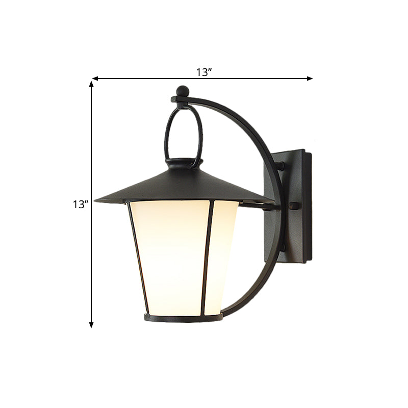 Conical Opal Glass Wall Mount Light Vintage 1-Head Courtyard Wall Lighting Ideas with Arc Arm in Black/Brass