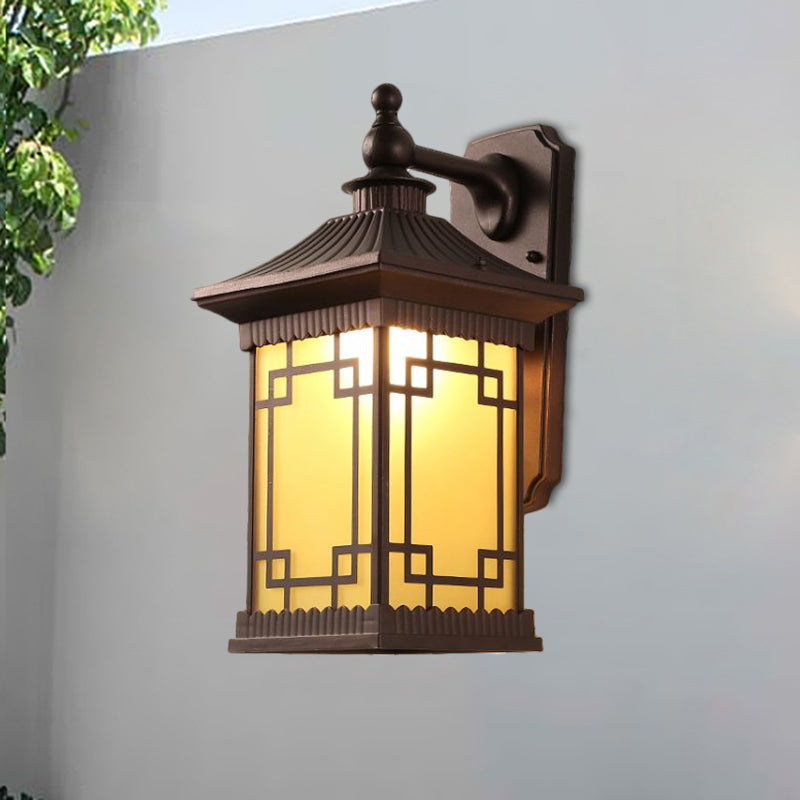 Classic Lantern Wall Mount Light Single Bulb Prismatic/Tan Glass Wall Lamp Fixture in Black/Coffee