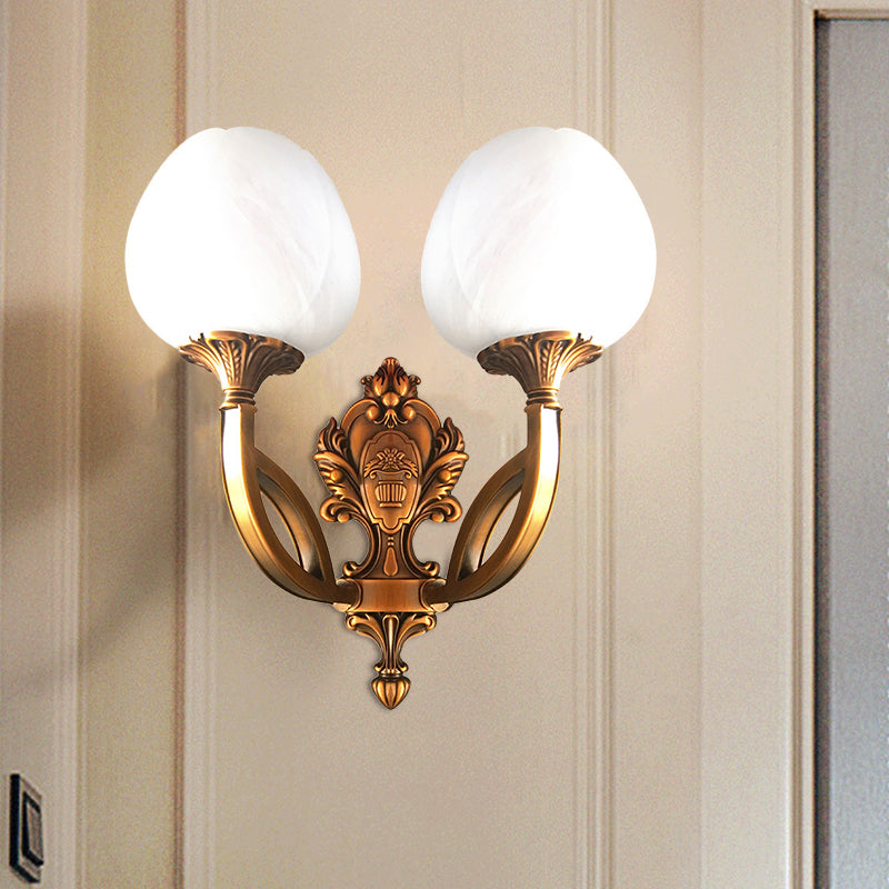 Tulip White Glass Wall Light Sconce Country 1/2-Bulb Living Room Wall Lighting Fixture in Brass with Curved Arm