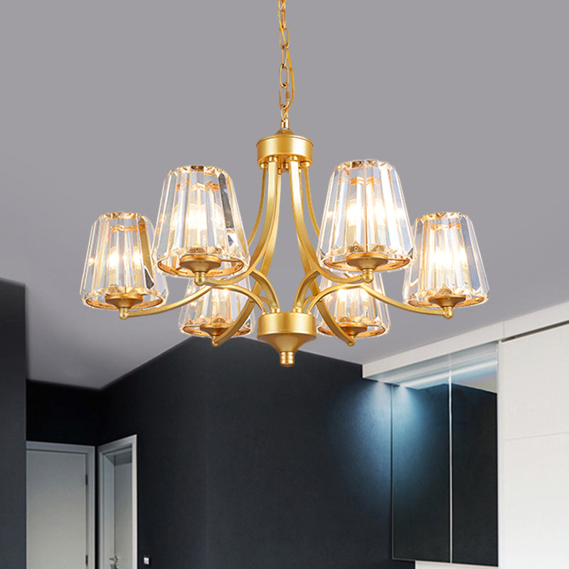 Conic Crystal Prisms plafondlamp Minimalisme 6-licht gouden hanger kroonluchter met curvy arm