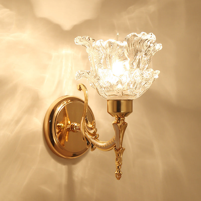 Tiered Flower Bedroom Wall Sconce Retro Style Clear Ruffle Glass Single Bulb Brass Wall Mounted Light