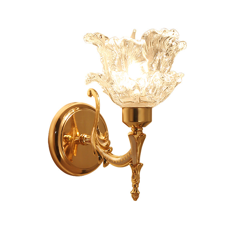 Tiered Flower Bedroom Wall Sconce Retro Style Clear Ruffle Glass Single Bulb Brass Wall Mounted Light