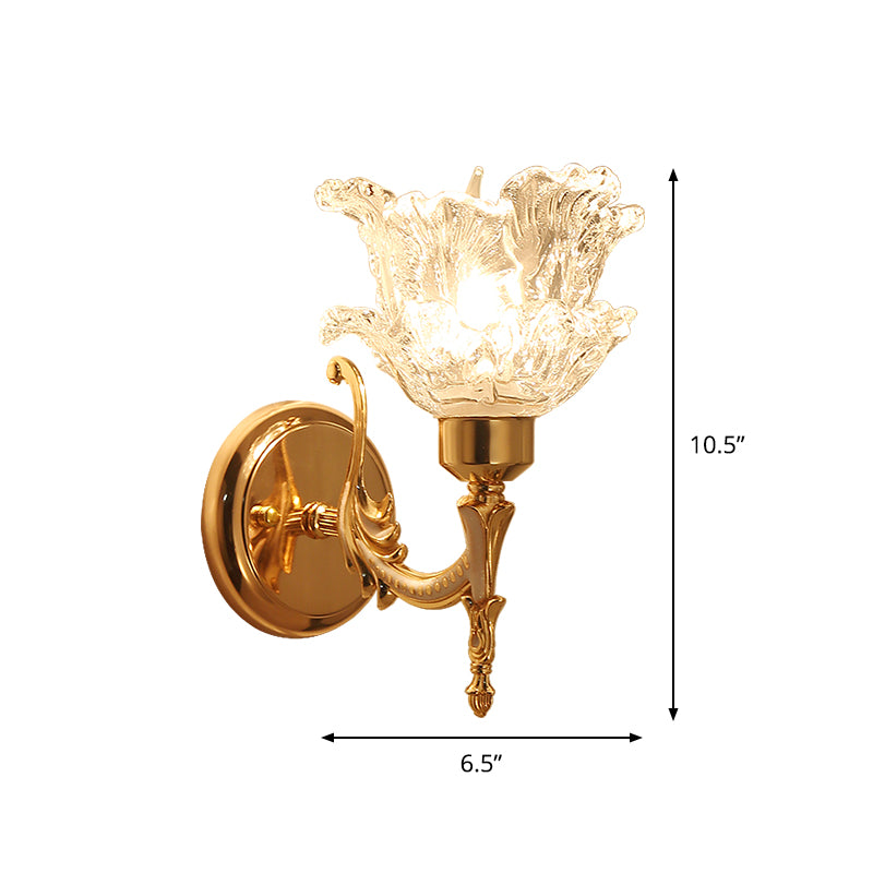 Tiered Flower Bedroom Wall Sconce Retro Style Clear Ruffle Glass Single Bulb Brass Wall Mounted Light
