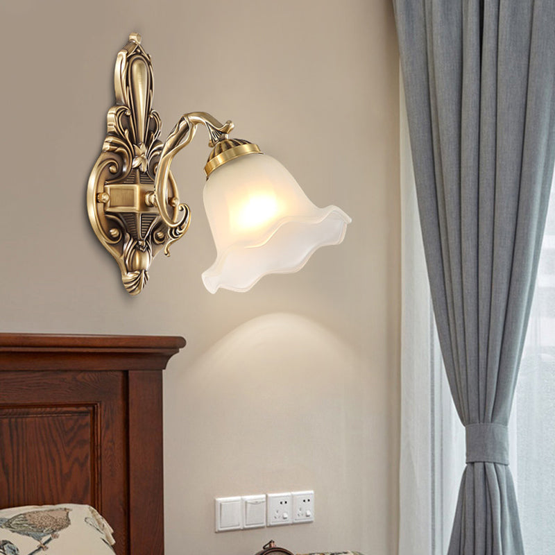 Bloom Shape Bedside Wall Lamp Retro Style Frosted Glass Single Light Antique Brass Wall Sconce Lighting