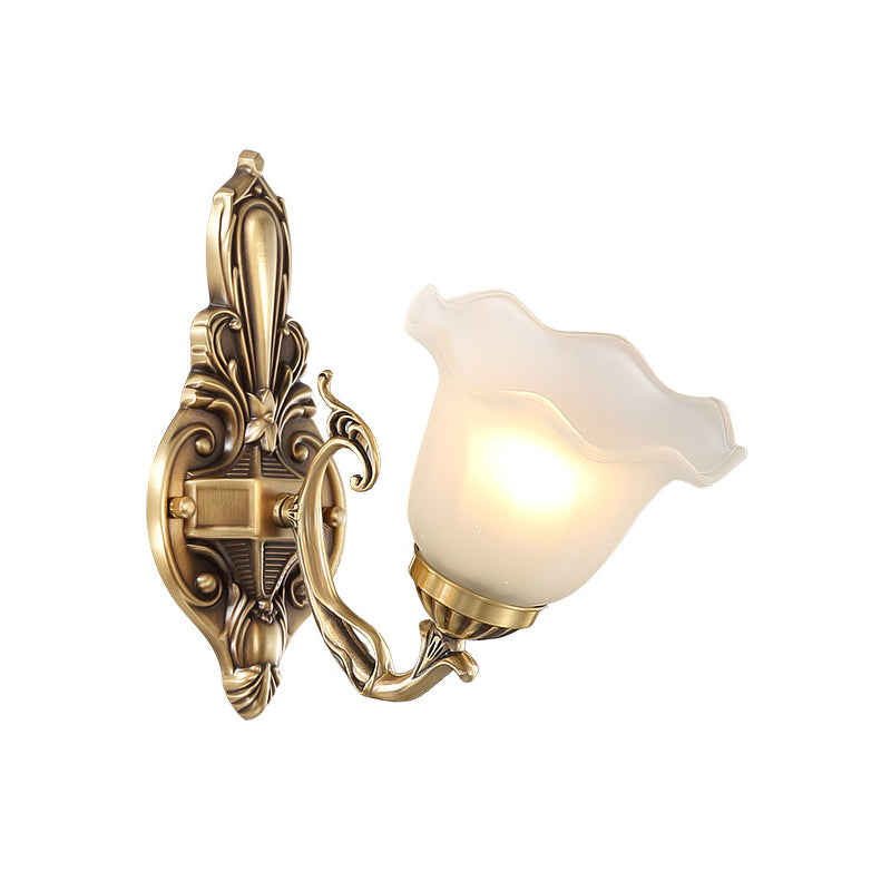 Bloom Shape Bedside Wall Lamp Retro Style Frosted Glass Single Light Antique Brass Wall Sconce Lighting
