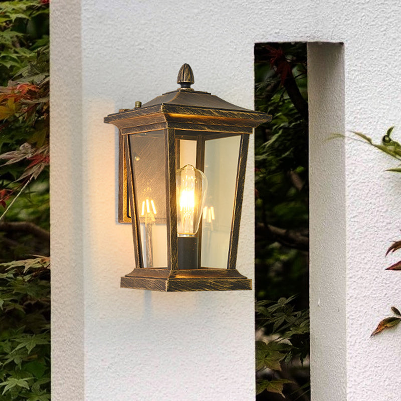 1-Head Flush Wall Sconce Traditional Porch Wall Mounted Lighting with Pavilion Dimpled Glass Shade in Black/Brass