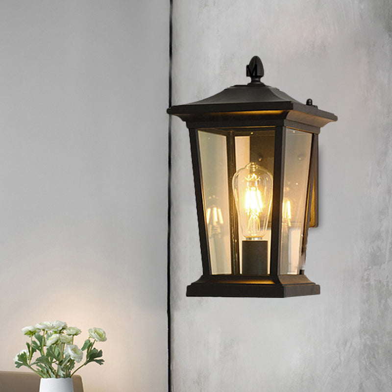 1-Head Flush Wall Sconce Traditional Porch Wall Mounted Lighting with Pavilion Dimpled Glass Shade in Black/Brass