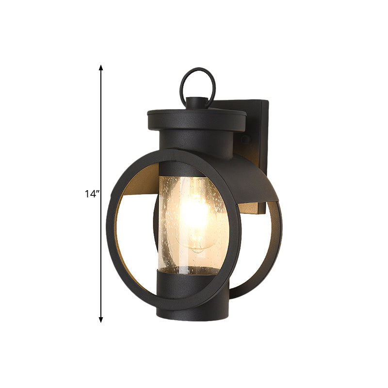 Cylindrical Courtyard Wall Sconce Traditional Seedy Glass 1-Bulb Black Wall Mount Lamp