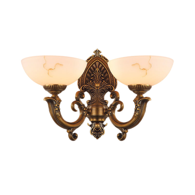 2 Heads Bowl Wall Mount Lighting Rustic Brass Finish Texture Glass Wall Lamp with Swirled Arm