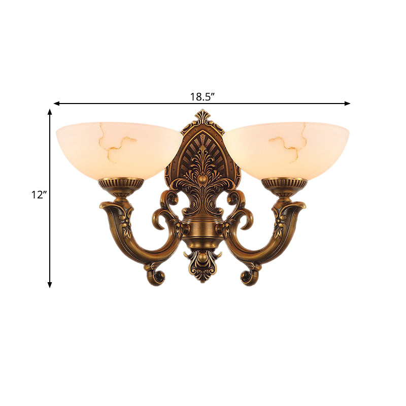 2 Heads Bowl Wall Mount Lighting Rustic Brass Finish Texture Glass Wall Lamp with Swirled Arm
