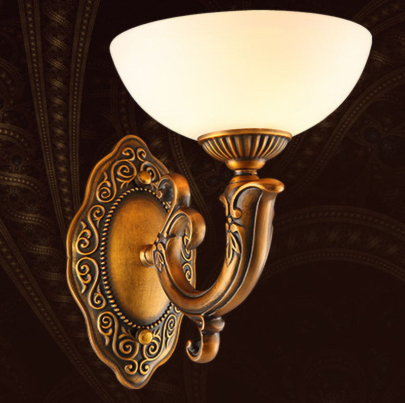 Rustic Swooping Arm Wall Light Sconce 1/2-Light Metal Wall Lighting Ideas in Brass with Bowl Frosted Glass Shade
